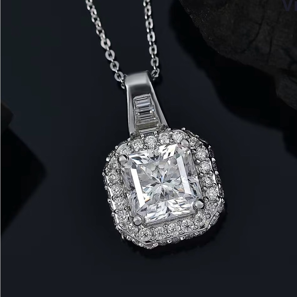 Moissanite Halo Pendant Necklace in Sterling Silver 3.65 Carats